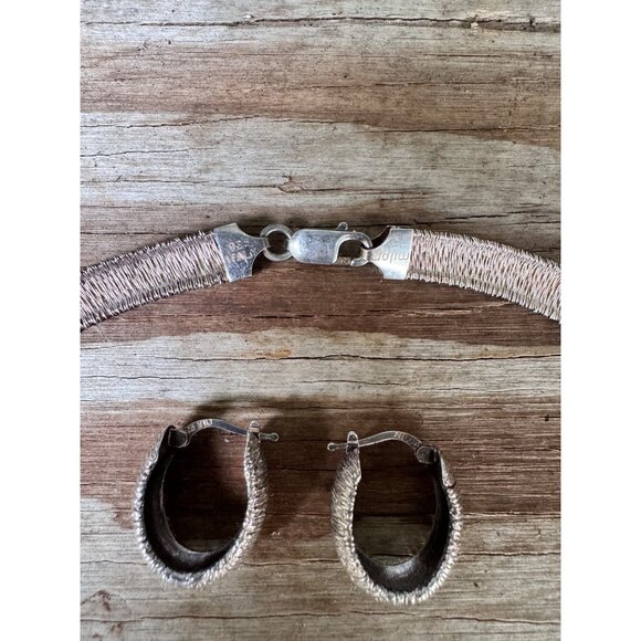 Vintage Wire Wrapped Sterling Silver Choker Necklace Hoop Earrings Set - Picture 8 of 9